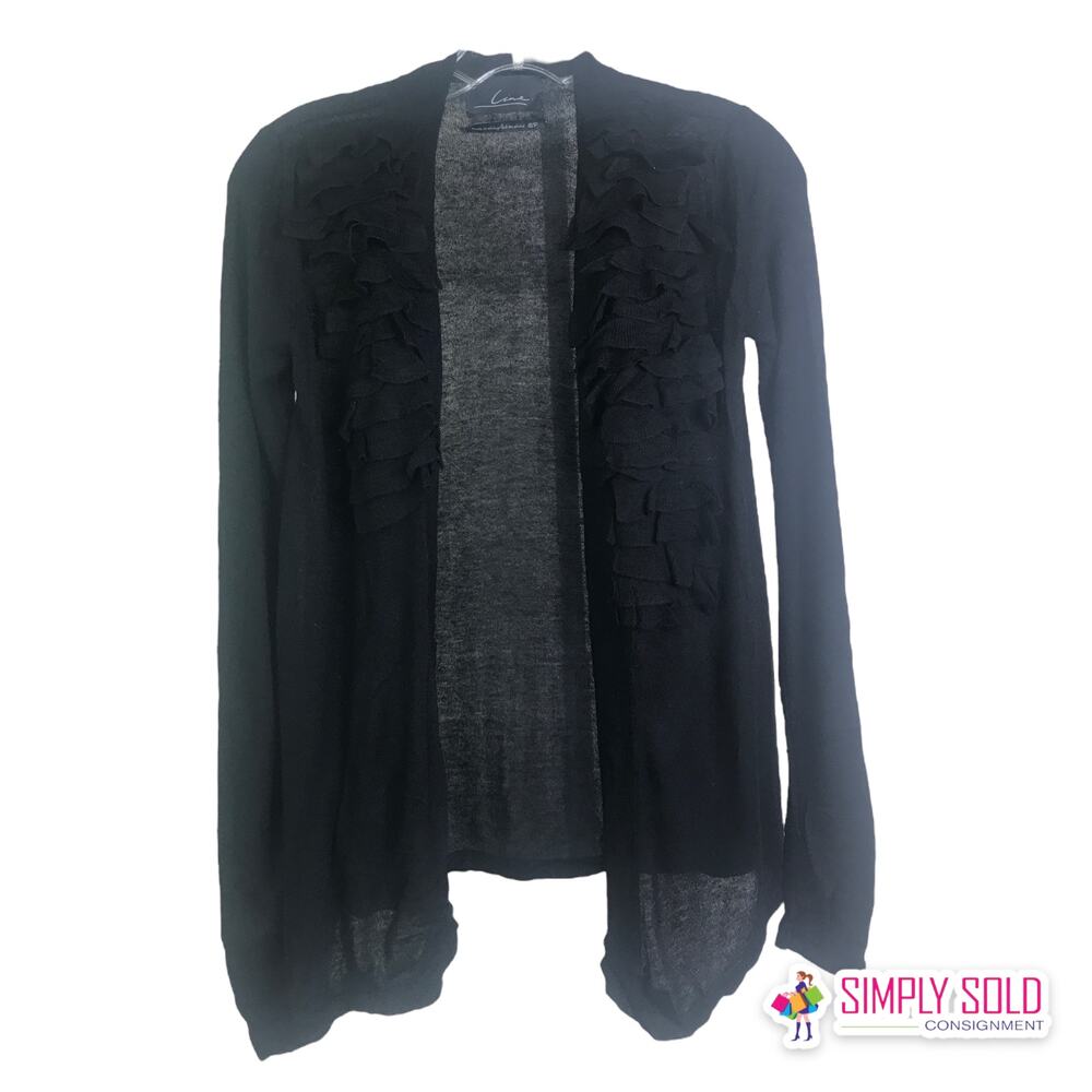 Line Womens S Cardigan Sweater Ruffled Trim Open Front Knit Black Modal/Cashmere